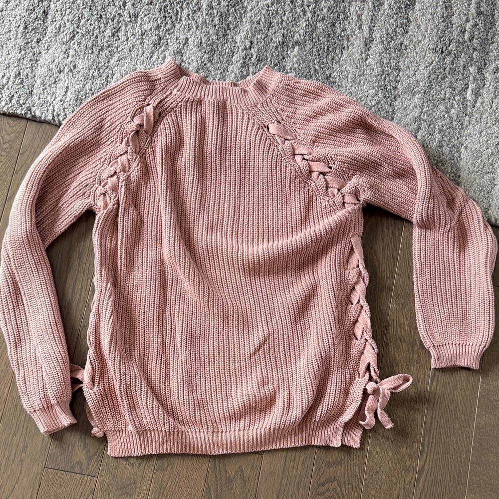 Blush Pink Lace-Up Side Knit Crewneck Sweater